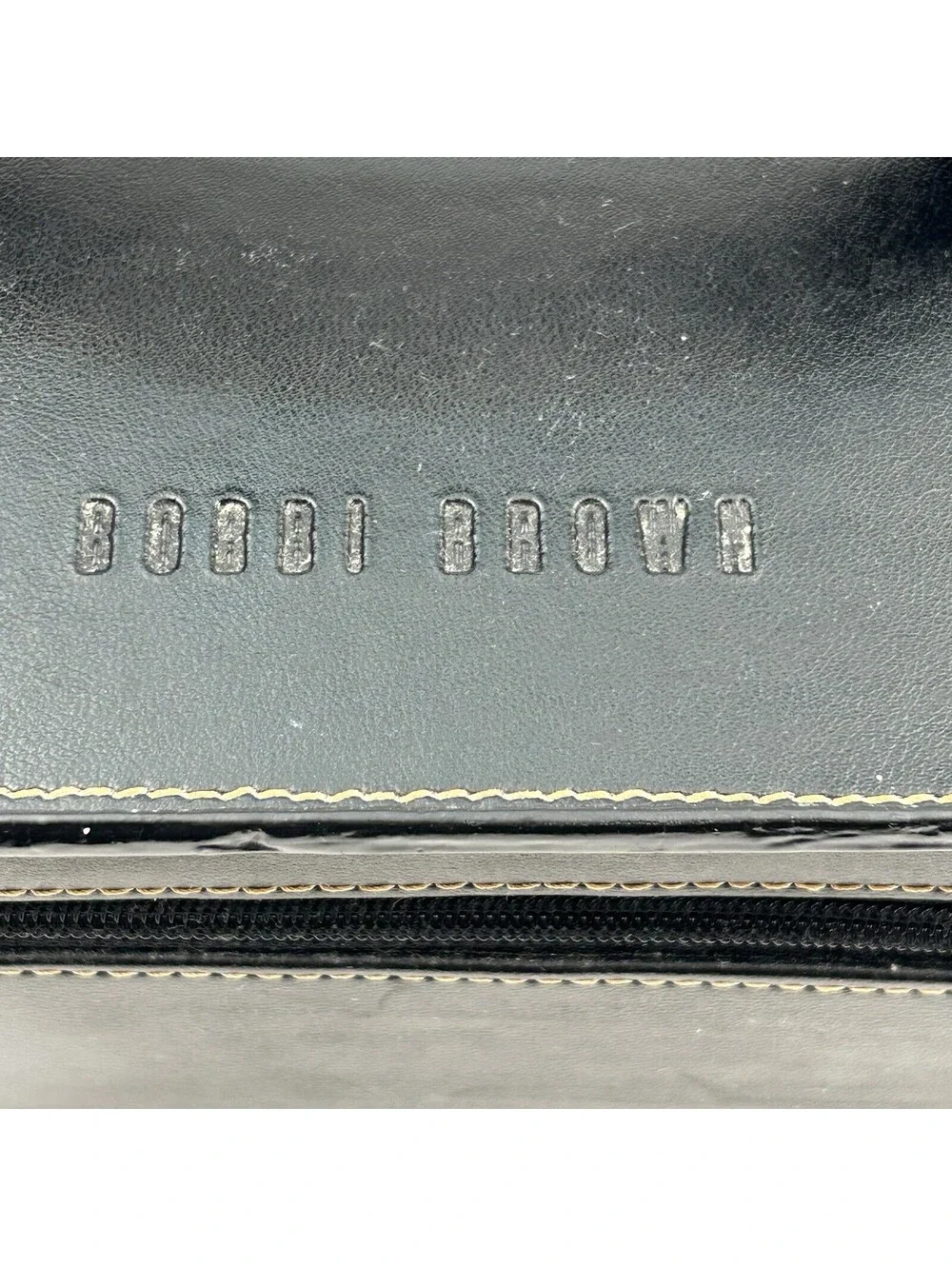Bobbi Brown Black Leather Makeup Train Case Tan Tiered 2 Zip Cosmetic Bag  LS#12